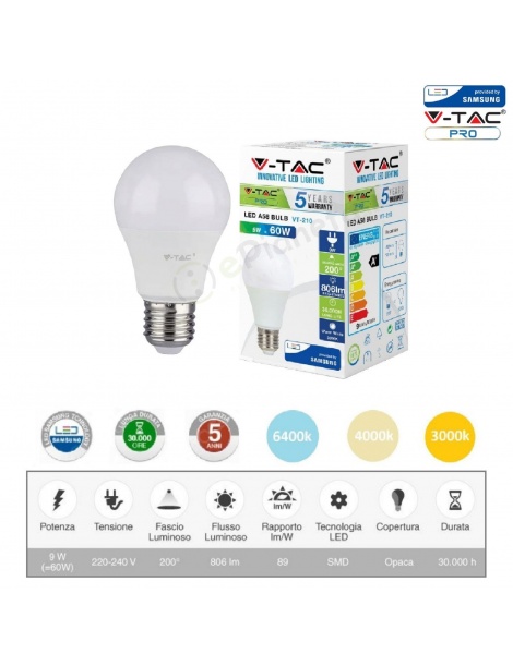 V-TAC PRO Lampadina led bulbo 9w A60 attacco grande E27 copertura opaca luce fredda naturale calda