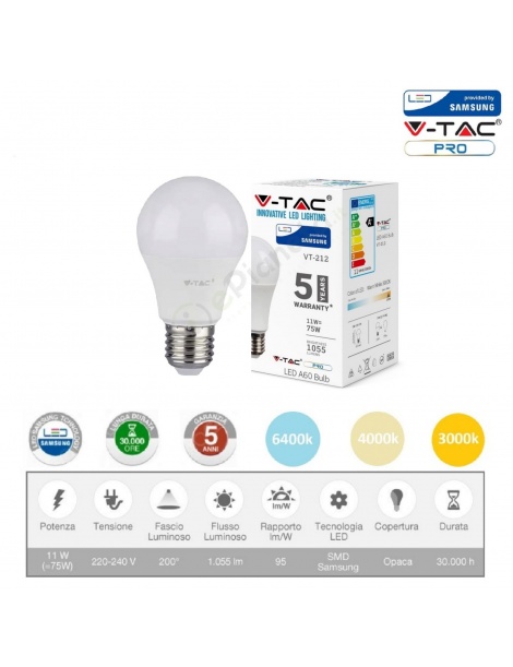 V-TAC PRO Lampadina led bulbo 11w A60 attacco grande E27 copertura opaca luce fredda naturale calda