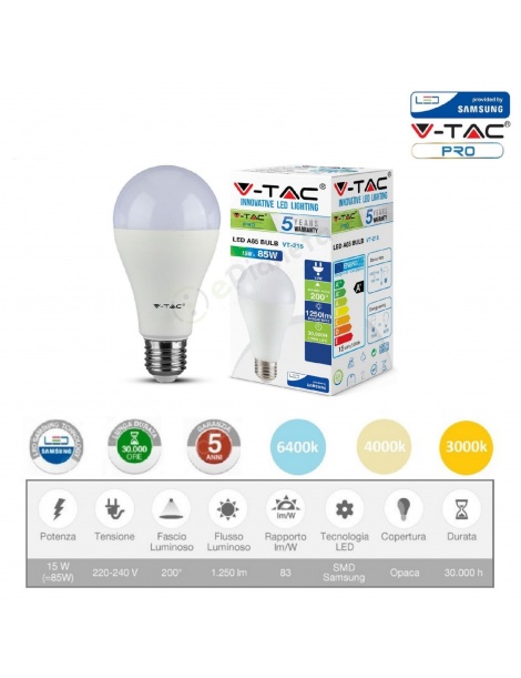V-TAC PRO Lampadina led bulbo 15w A66 attacco grande E27 copertura opaca luce fredda naturale calda