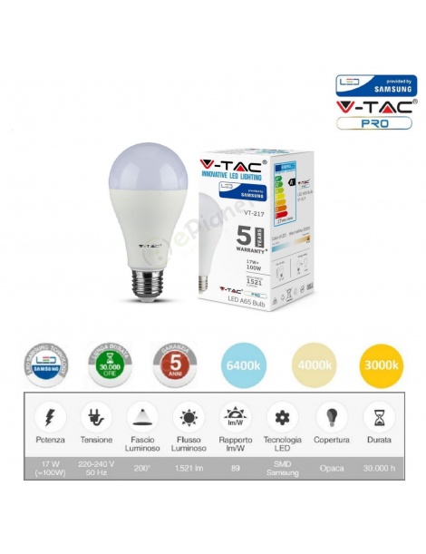V-TAC PRO Lampadina led bulbo 17w A66 attacco grande E27 copertura opaca luce fredda naturale calda