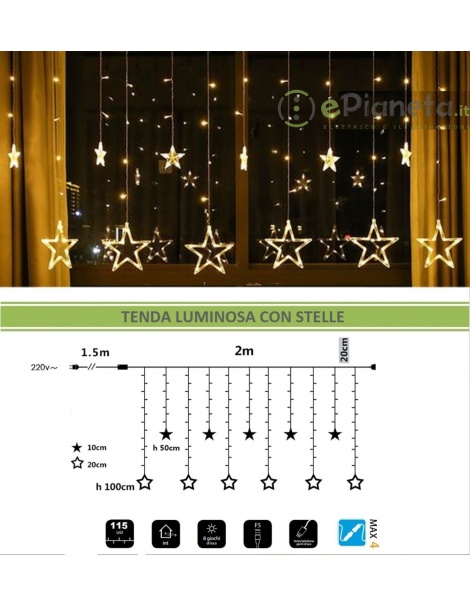 Tenda luminosa led con stelle 2x1 m luci di Natale decorazioni natalizie stelline luce bianca calda per addobbo feste