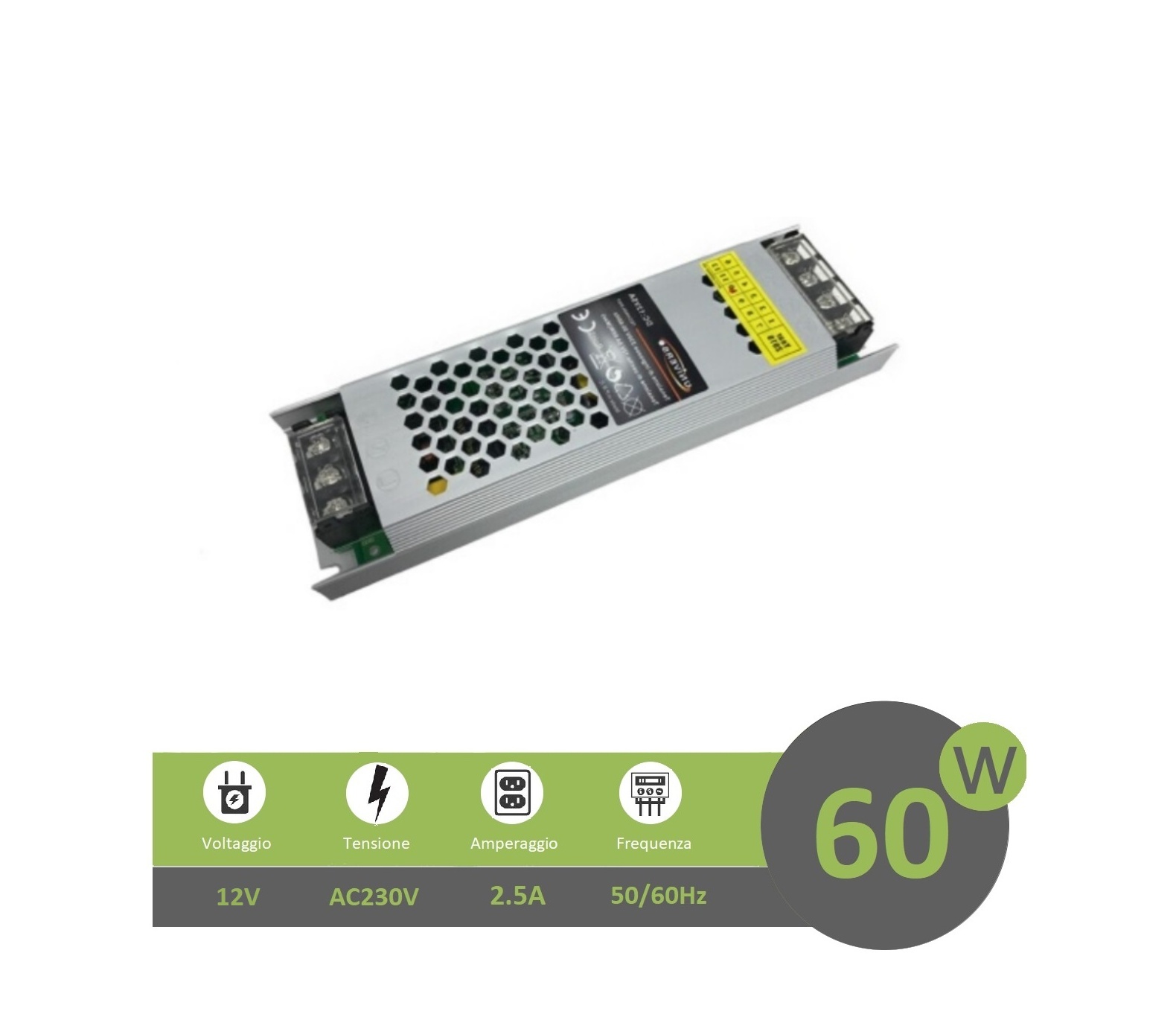 Trasformatore ultrasottile 12V 5A 60W alimentatore stabilizzato 25mm strip led