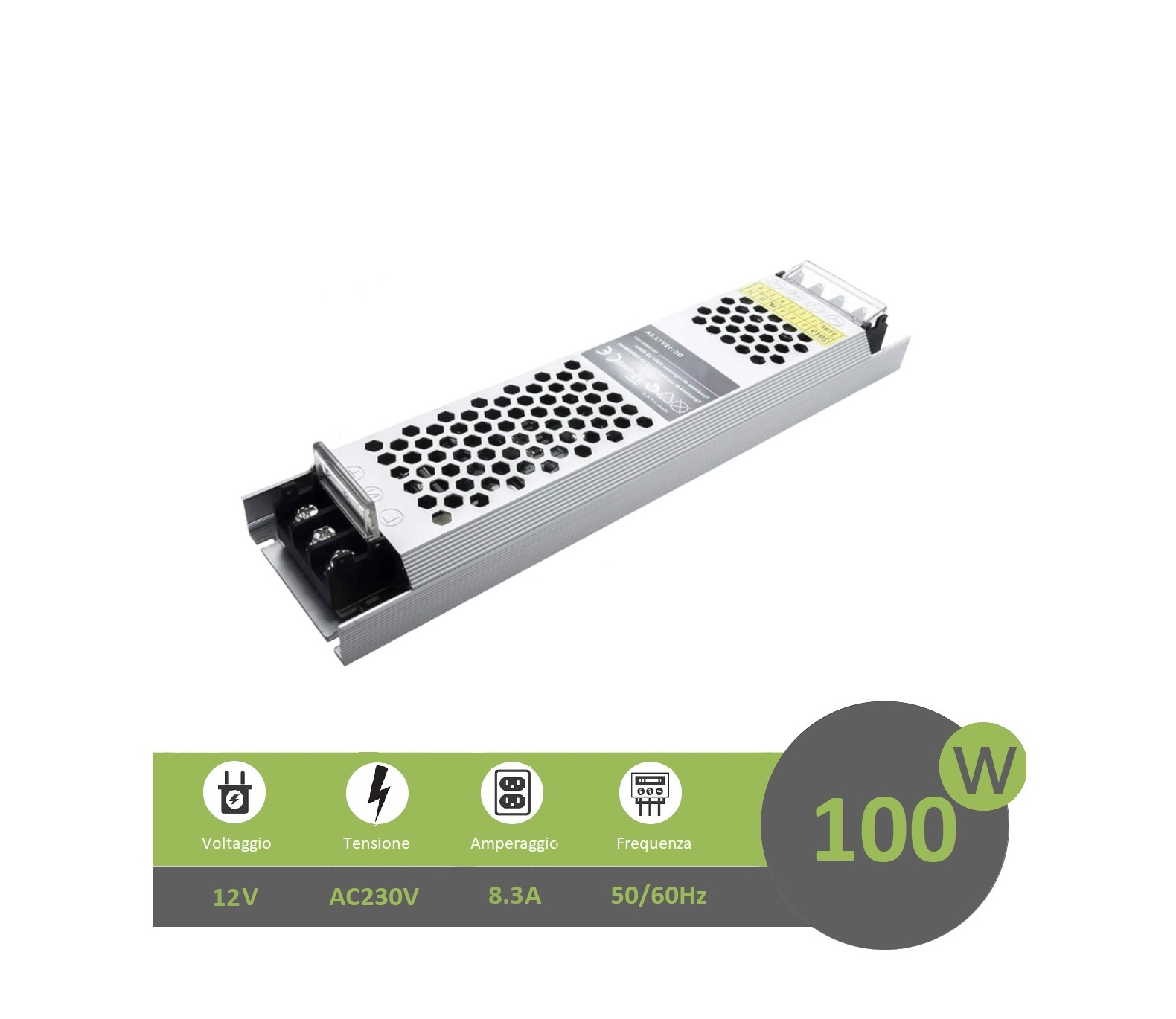 Trasformatore ultrasottile 12V 8.3A 100W alimentatore stabilizzato 25mm strip led