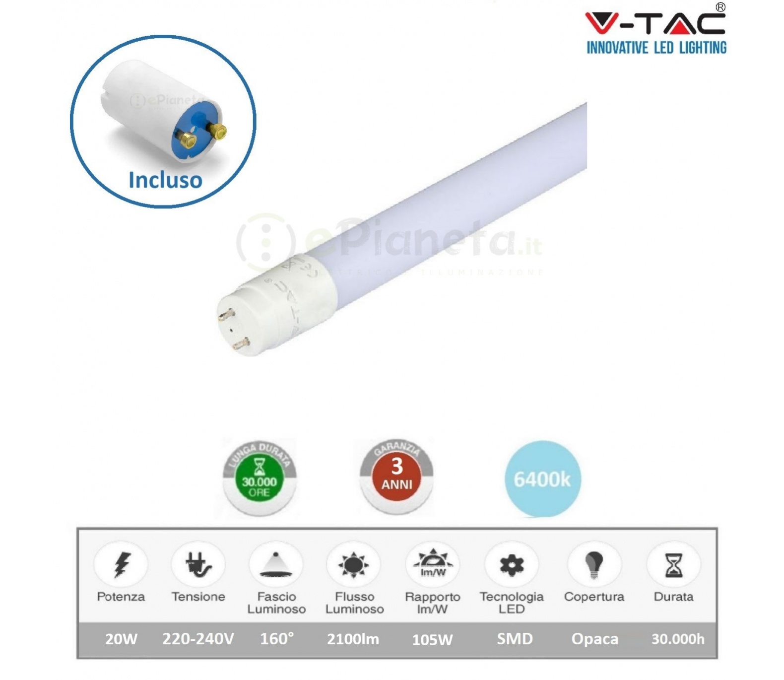 V TAC VT 1577 Tubo led 20w T8 attacco G13 neon 150cm con starter tubi in nano plastic luce bianco 6500k