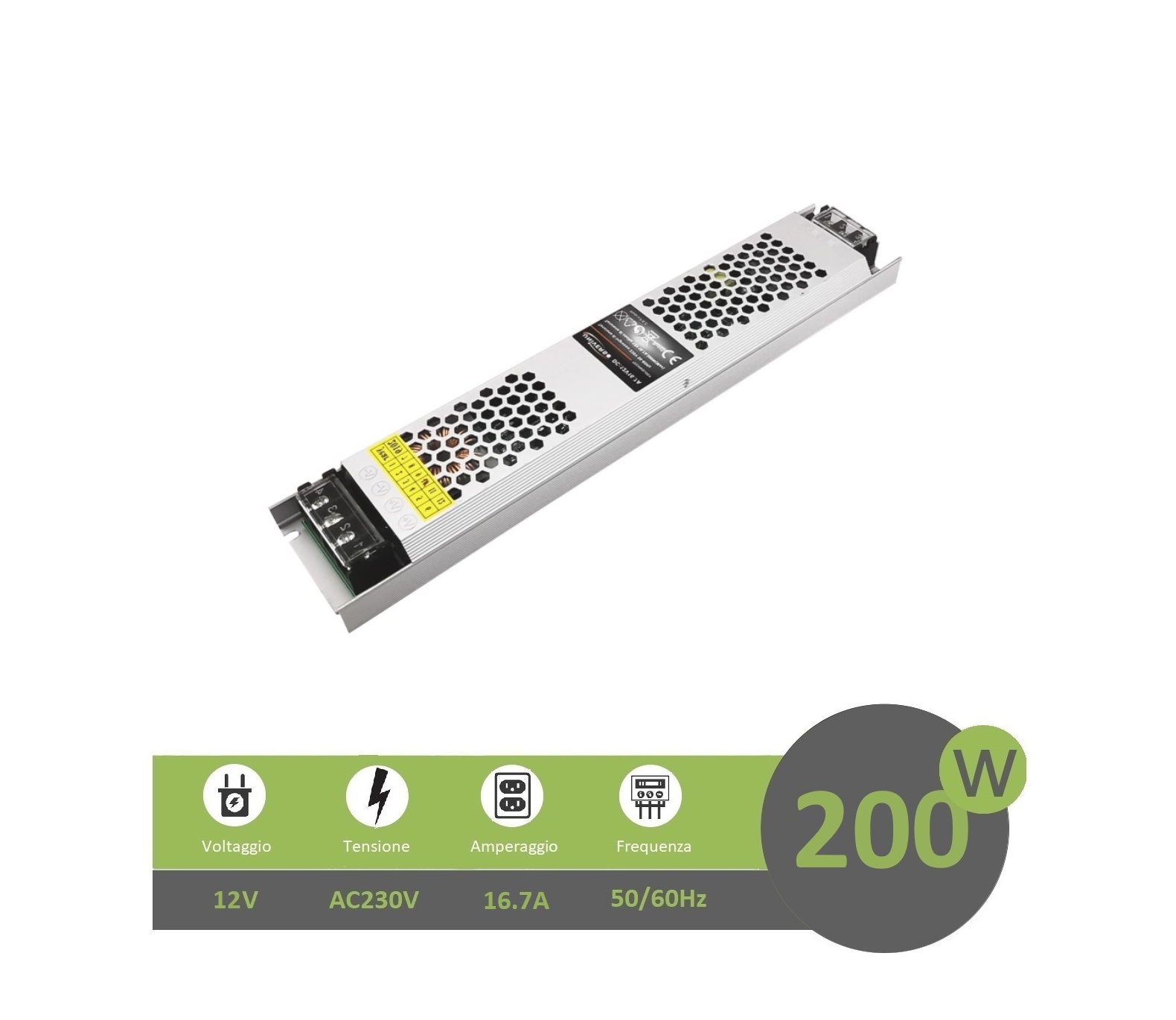 Trasformatore ultrasottile 12V 200W 16.7A alimentatore salvaspazio per strip strisce led telecamere