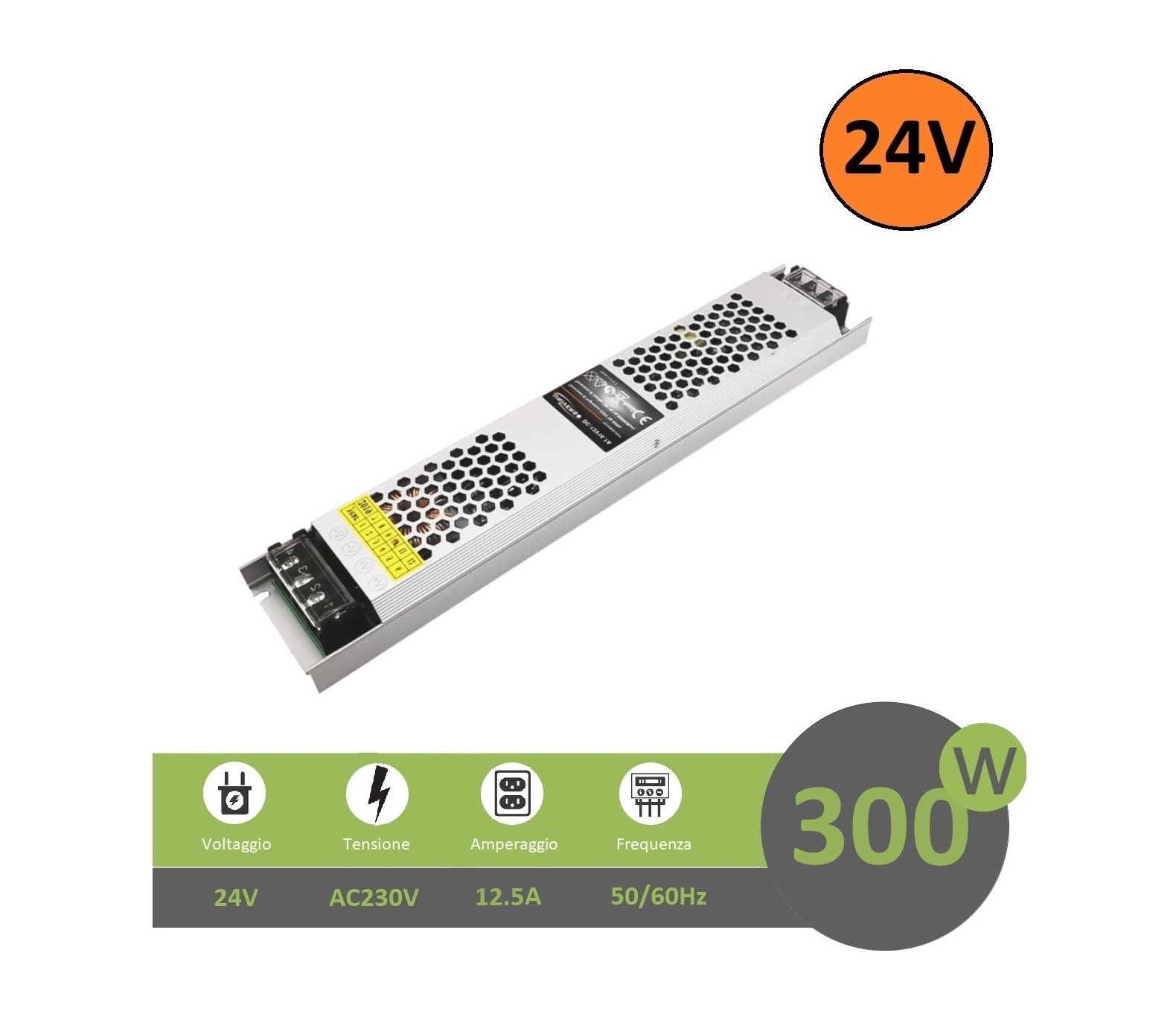 Alimentatore stabilizzato slim 24V 12.5A 300W trasformatore professionale switch salvaspazio