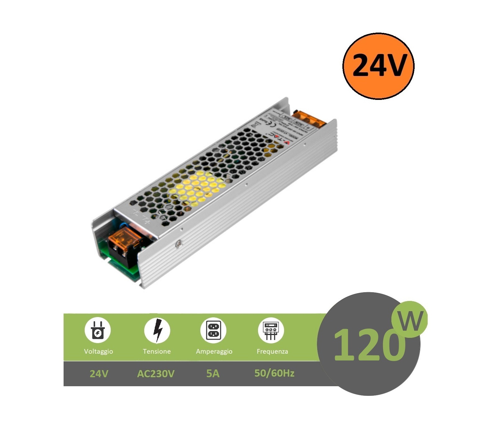 Trasformatore 24V 5A 120W alimentatore stabilizzato V-TAC per strip led