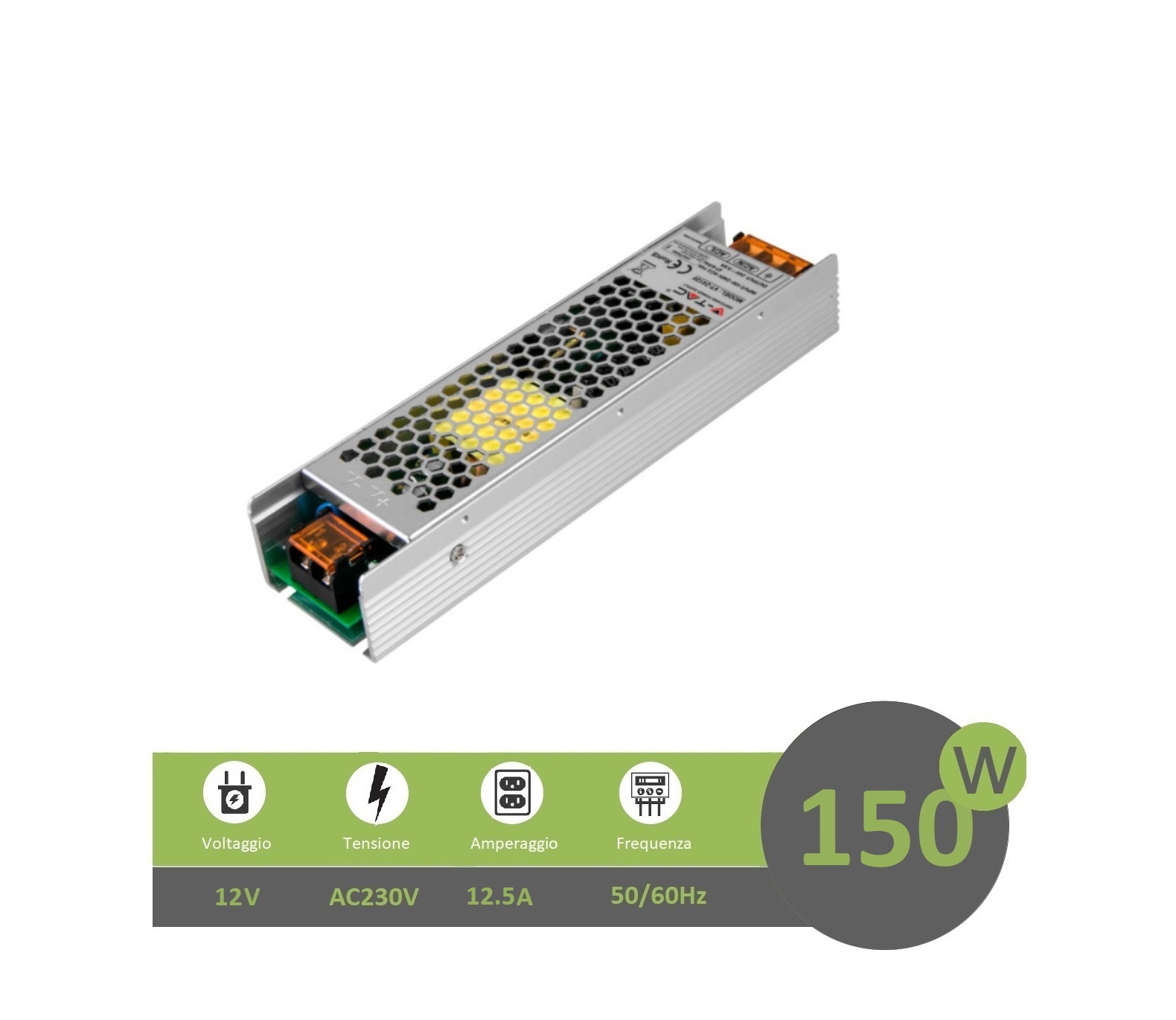 Trasformatore 12V 12.5A 150W alimentatore stabilizzato V-TAC per strip led