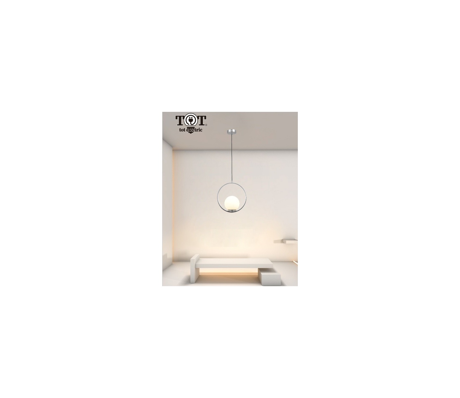 Lampadario a sospensione cerchio argento metallo con sfera in vetro bianco attacco E27 design moderno minimal