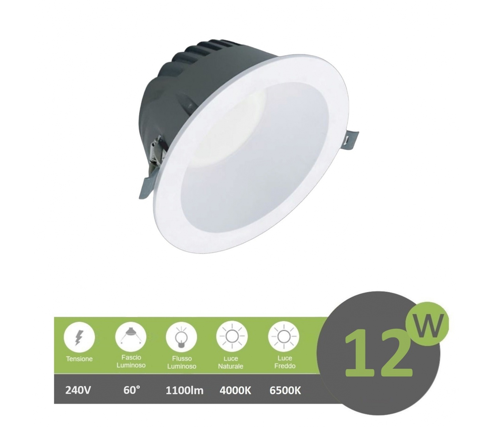 Faro led Downlight 12W foro Ø 105mm tondo da incasso plafoniera luce cob bianco naturale