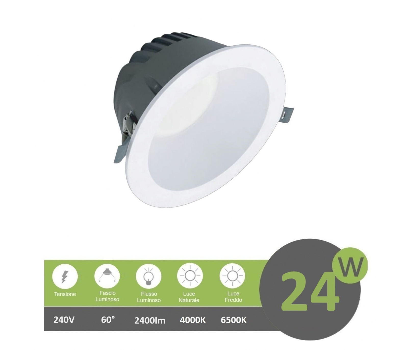 Faro led Downlight 24W foro Ø 140mm tondo da incasso plafoniera luce cob bianco naturale