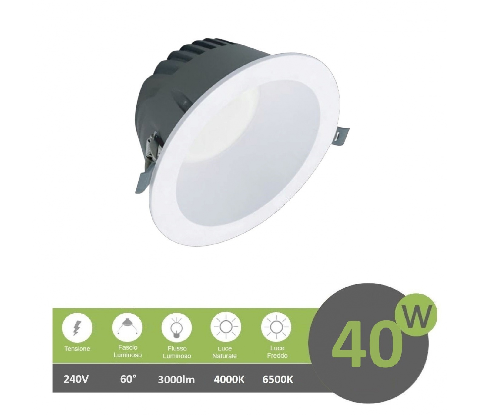 Faro led Downlight 40W foro Ø 195mm tondo da incasso plafoniera luce cob bianco naturale