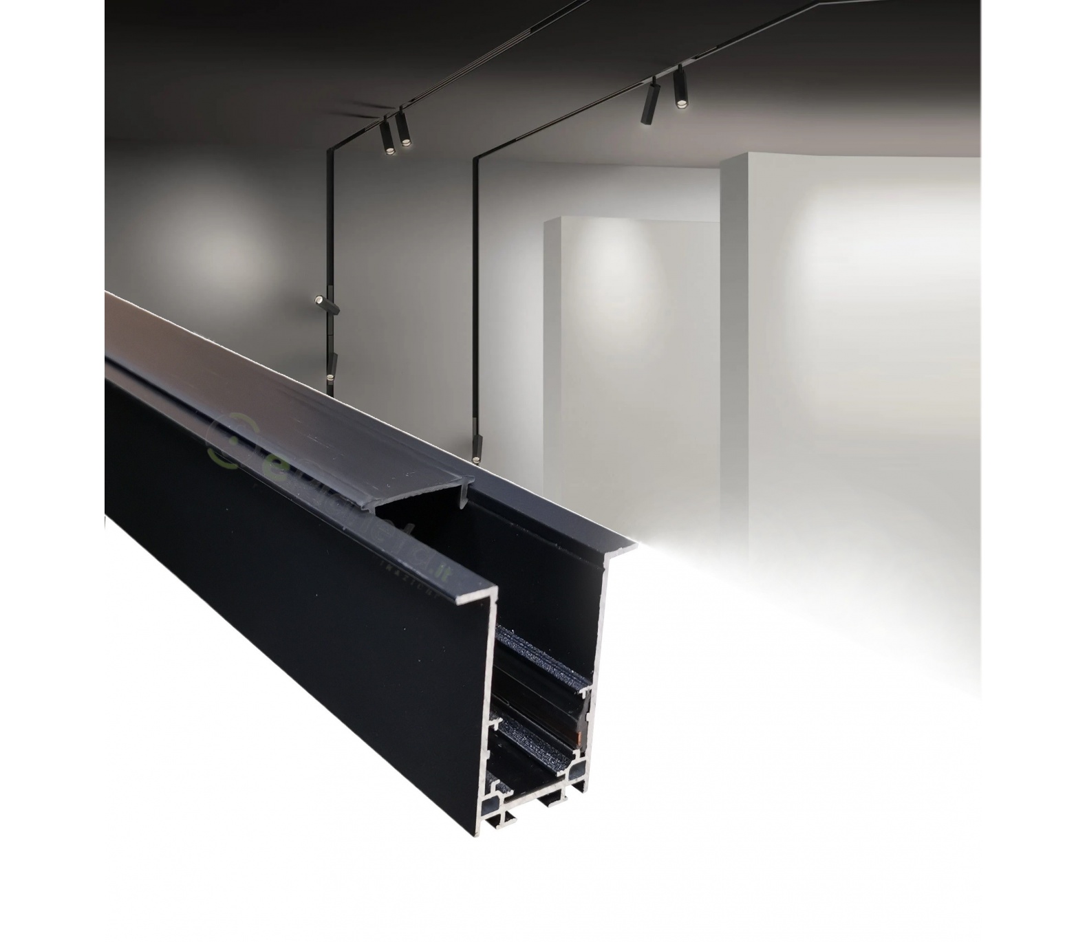 Binario magnetico nero 2m 48V da incasso cartongesso parete soffitto per faretti  led con copertura