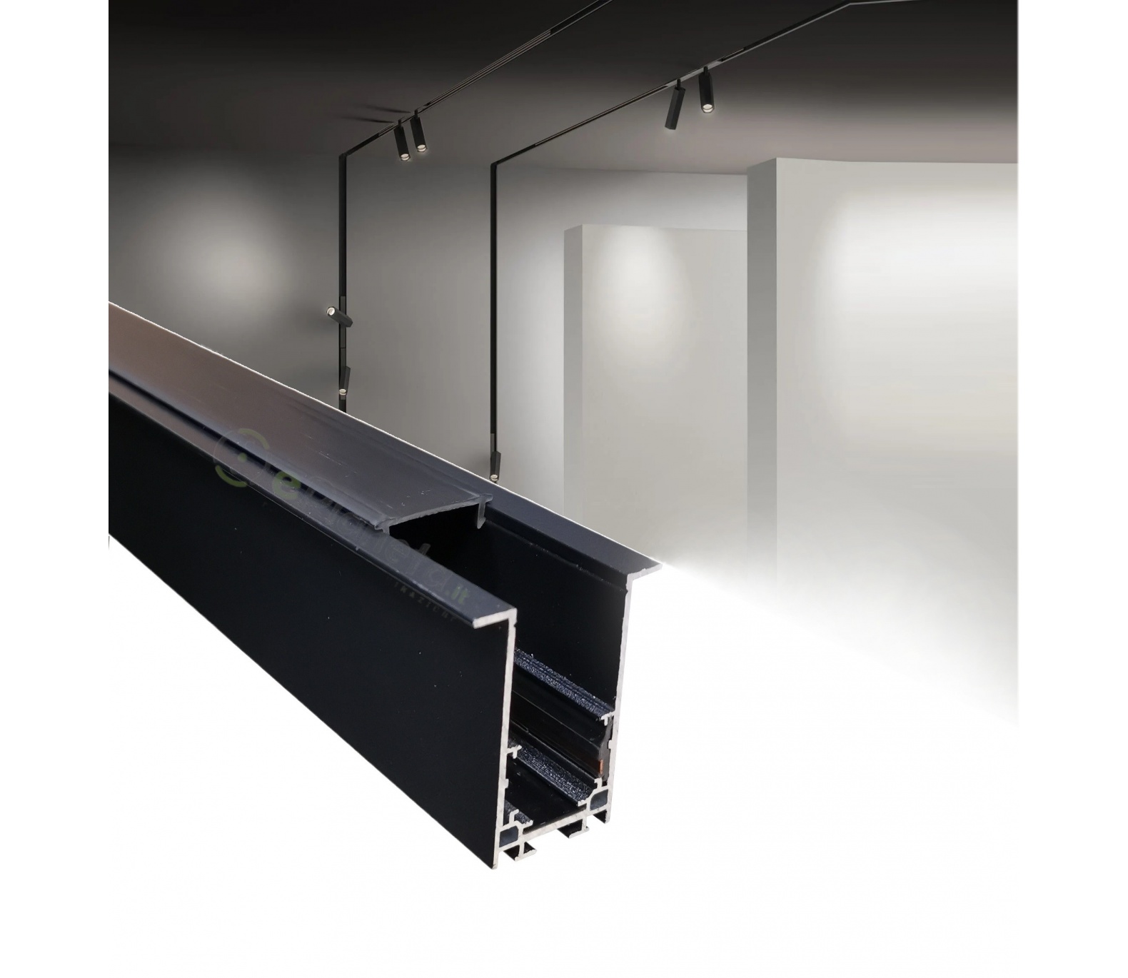 Binario magnetico nero 2m 48V da incasso parete soffitto per faretti led con copertura