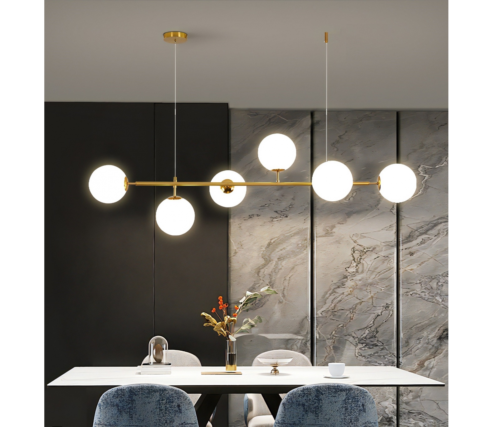 Lampadario a sospensione oro argento con 6 sfere bolle bianche in vetro attacco led G9