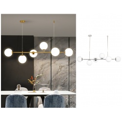Lampadario a sospensione oro argento con 6 sfere bolle bianche in vetro attacco led G9