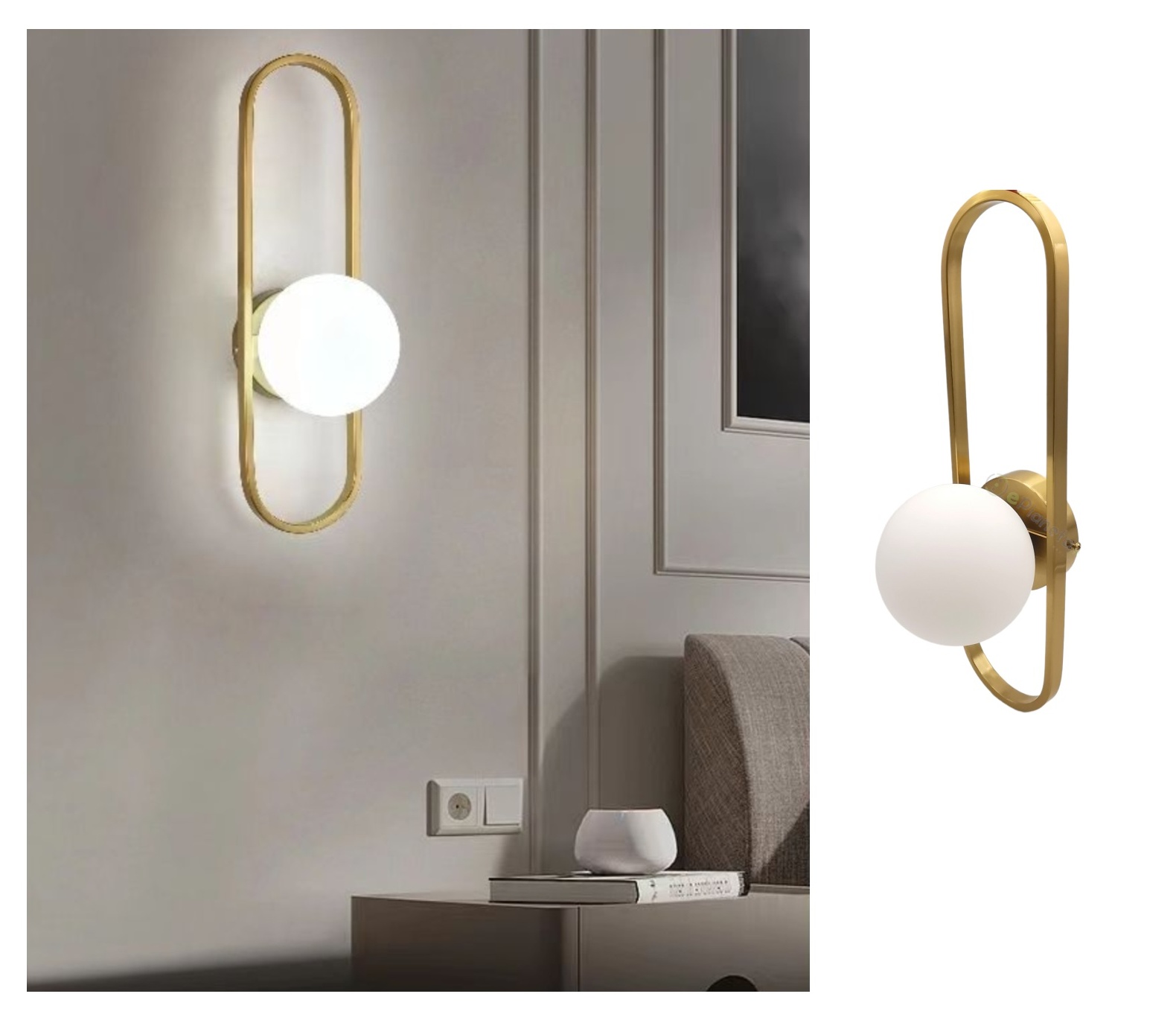 Applique da parete con sfera in vetro bianco ovale metallo Oro attacco G9 lampada design moderno minimal