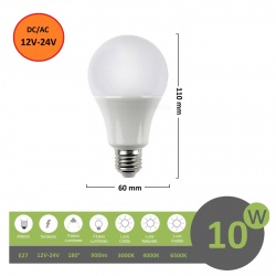Lampadina led bulbo E27 10W 12 24V a bassa tensione attacco grande luce bianca naturale calda per camper barca