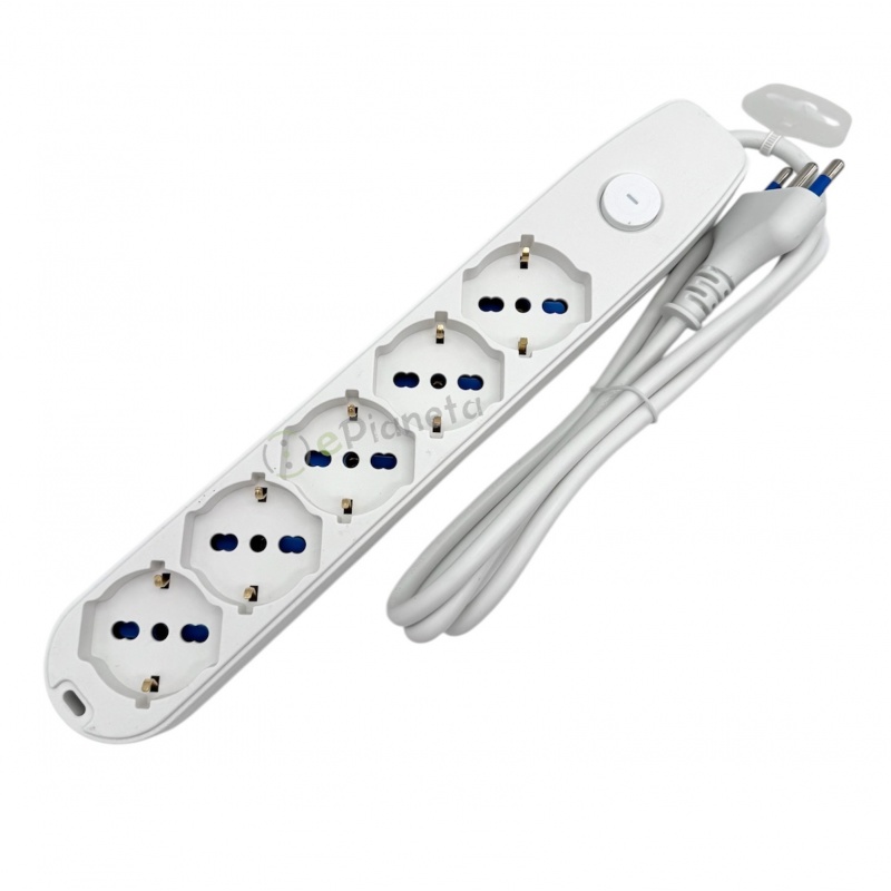 Multipresa prolunga elettrica con 5 prese schuko 16A 250V ciabatta bianco nero cavo 1.5 mt con interruttore