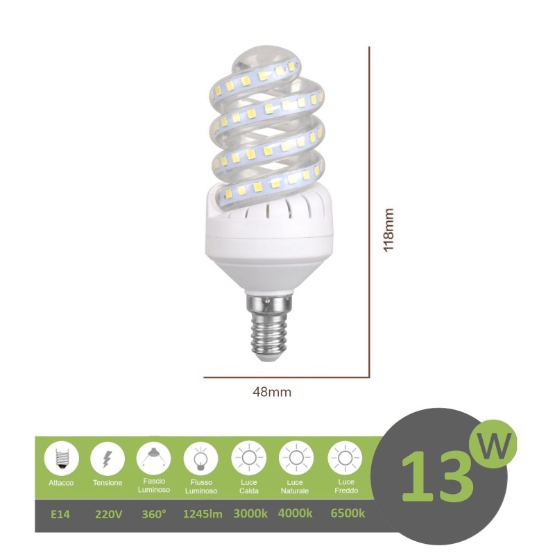 Lampadina led E14 13w tortiglione vortice luce spirale attacco piccolo bianca fredda naturale calda