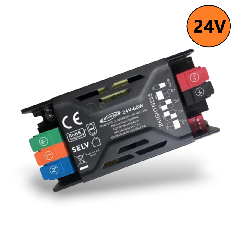 Trasformatore 24V 2.5A 60W connessione rapido alimentatore salvaspazio stabilizzato per strip led collegamento facile