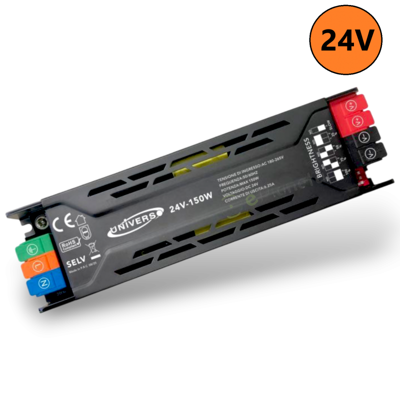Trasformatore 24V 6.25A 150W connessione rapido alimentatore salvaspazio stabilizzato per strip led collegamento facile