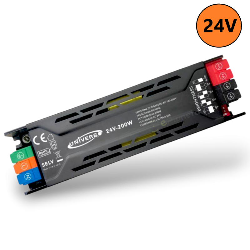 Trasformatore 24V 8.33A 200W connessione rapido alimentatore salvaspazio stabilizzato per strip led collegamento facile