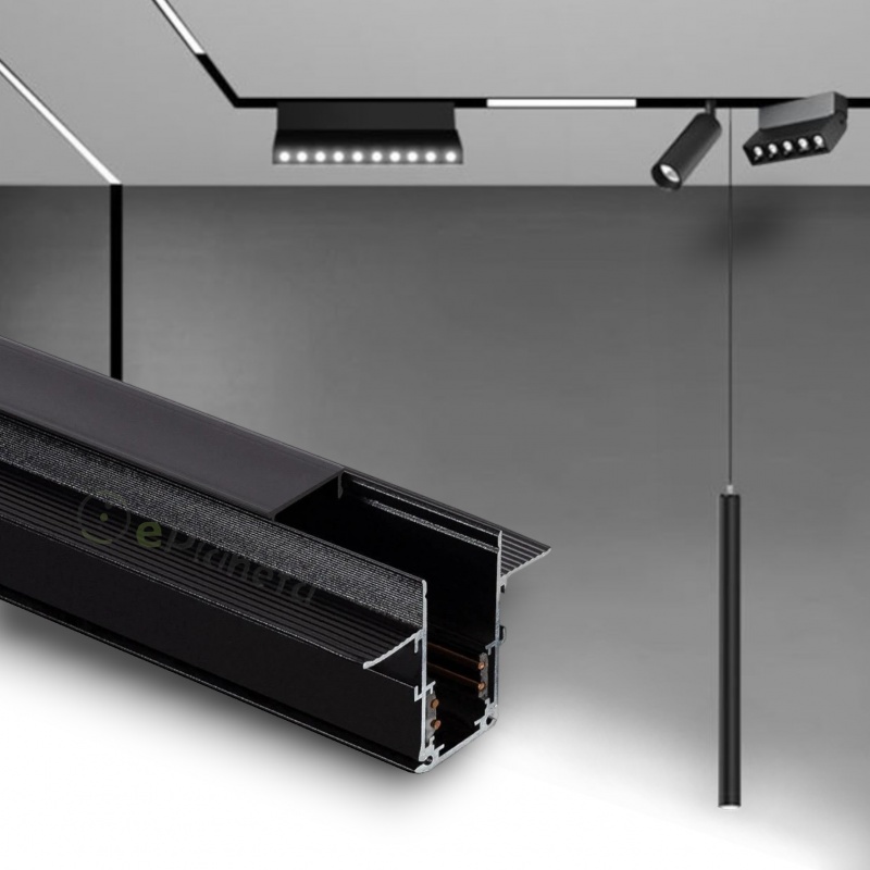 Binario magnetico nero 2m 48V da incasso cartongesso parete soffitto per faretti led con copertura