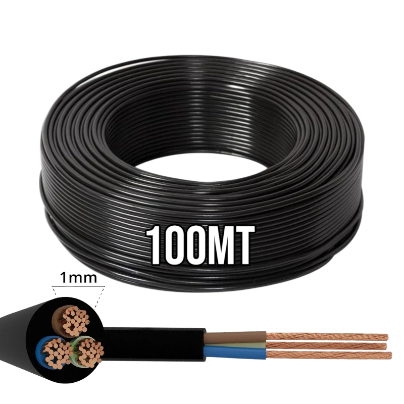 100mt Cavo Elettrico nero H05VV-F 3x1.0 Flessibile PVC 300/500V Cavo bipolare per Elettrodomestici, Prolunghe e Uso Domestico
