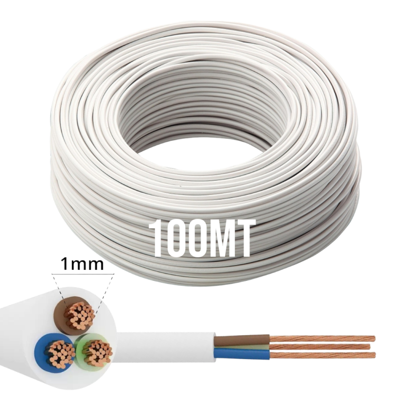 100mt Cavo Elettrico bianco H05VV-F 3x1.0 Flessibile PVC 300/500V Cavo bipolare per Elettrodomestici, Prolunghe e Uso Domestico