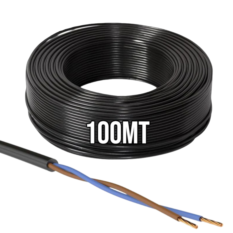 Cavo Elettrico nero H05VV-F 2x1.00 Flessibile PVC 300/500V Cavo bipolare per Elettrodomestici, Prolunghe e Uso Domestico
