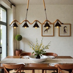 Lampadario a sospensione vintage rustico con Corda di Canapa luce attacco E27 5 campane nero in metallo