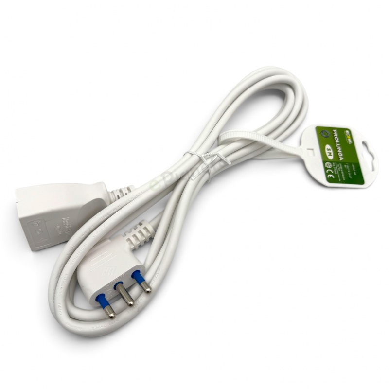 Prolunga elettrico 3 5mt con spina piatta presa bipasso 10 16A 250V cavo bianco lineare 3G1