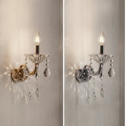 Applique da parete con cristalli in vetro singola luce led E14 lampada lume muro design classico argento oro
