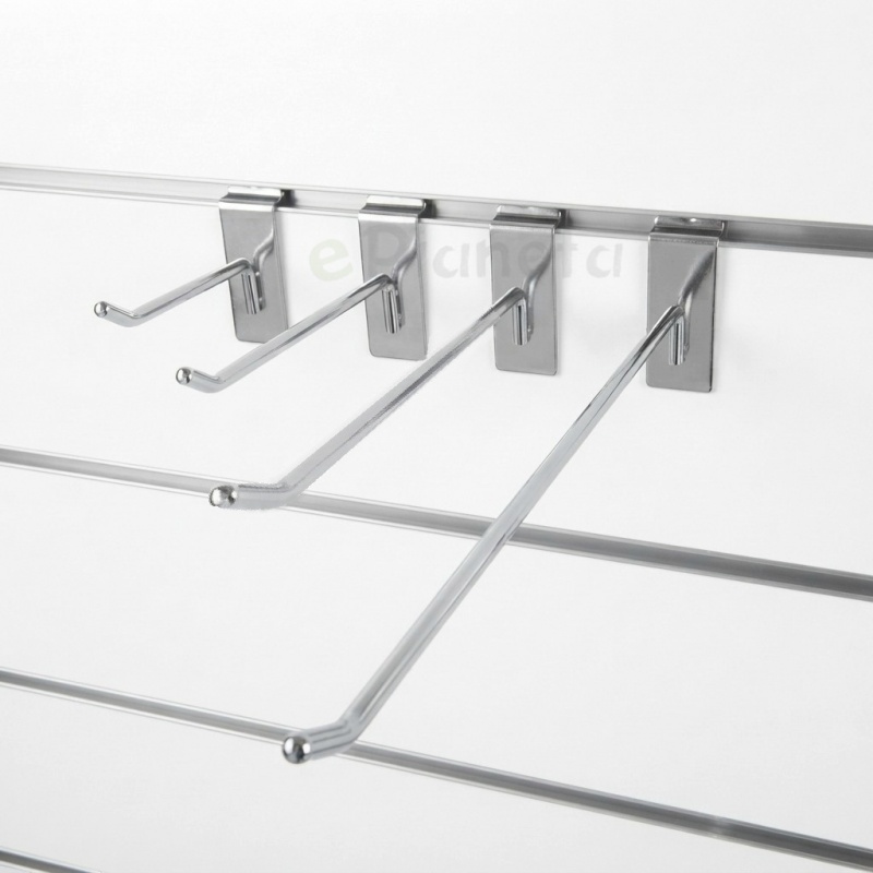 Set 10 ganci per pannello dogato da 20 cm in metallo argento lucido supporto a parete per arredo allestimento negozio