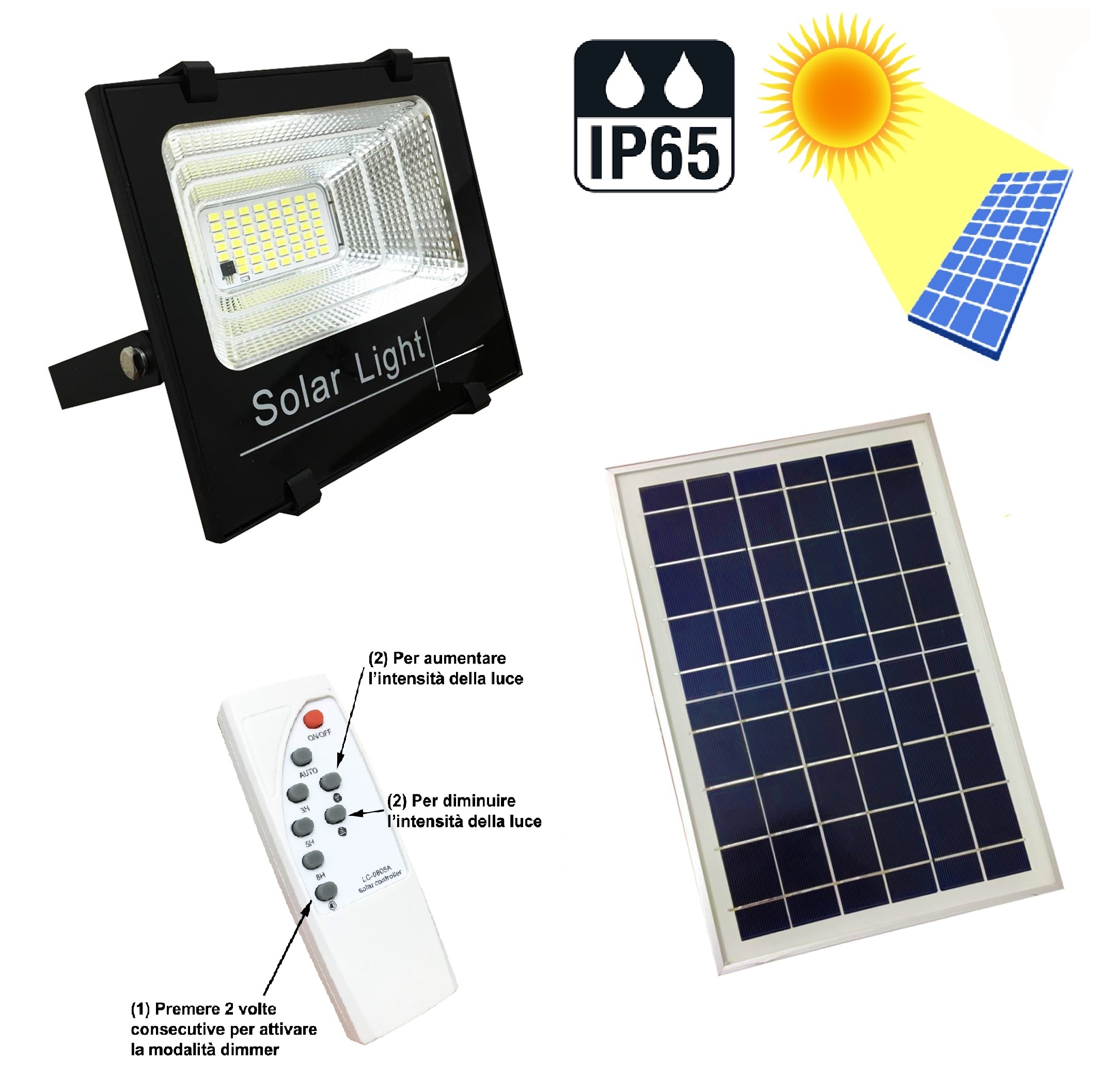 Faro led smd pannello solare 10 25 40 60 100 watt esterno risparmio  energetico 6500k IP65