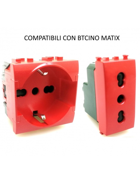 Presa bivalente e shuko rosso compatibili Btcino Matix per segnalazione UPS frutti