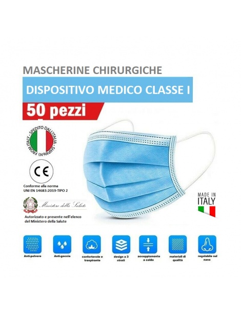 50 Mascherine chirurgiche Made in Italy 3 veli in TNT idrorepellente alta qualità filtrante protezione facciale e respiratoria