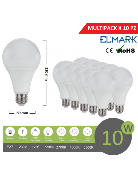 Promopack x 10 pz lampadina led globo A60 E27 10w attacco grande sfera basso consumo luce fredda naturale calda
