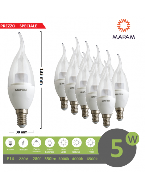 X10 Lampadina led 5w E14 candela trasparente attacco piccolo luce bianco naturale calda Mapam
