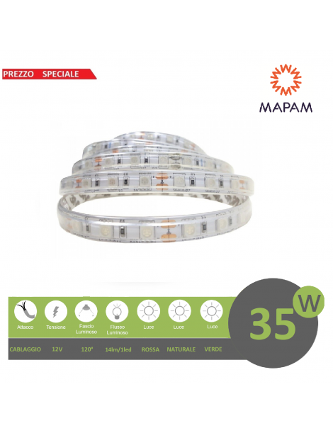Striscia led 5050 IP65 300 led 12V 5m adesiva per esterno impermeabile luce naturale rosso verde