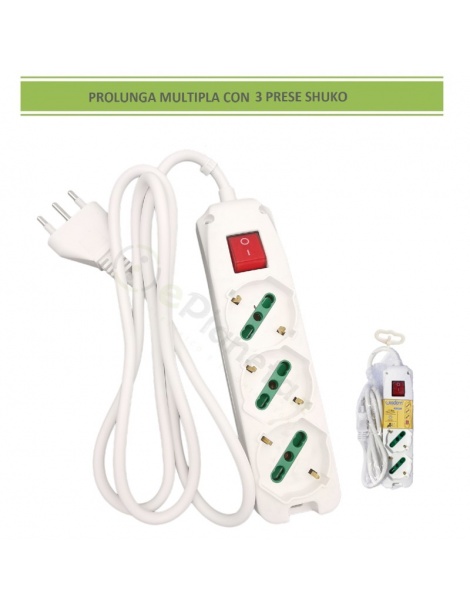 Multipresa prolunga elettrica con 3 prese shuko 16A 250V ciabatta bianco cavo 1.5 mt con interruttore