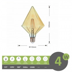 Lampadina filamento led attacco grande E27 4W diamante ambra lampada decorativa vintage luce calda