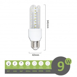 Lampadina led E27 9w 3U luce tubolare tubo attacco grande lineare bianca fredda naturale calda