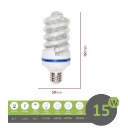 Lampadina led E27 15w tortiglione vortice luce spirale attacco grande bianca fredda naturale calda