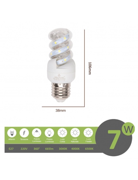 Lampadina led E27 7w tortiglione vortice luce spirale attacco grande bianca fredda naturale calda
