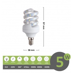 Lampadina led 5w E14 spirale attacco piccolo luce calda 3000k naturale4000k fredda bianca 6500k