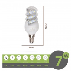 Lampadina led E14 7w tortiglione vortice luce spirale attacco piccolo bianca fredda naturale calda