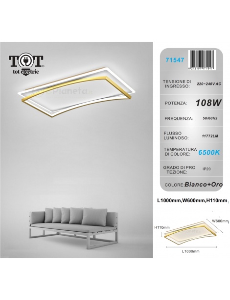 Plafoniera led 108w rettangolare oro design moderno lampadario da soffitto luce bianco naturale